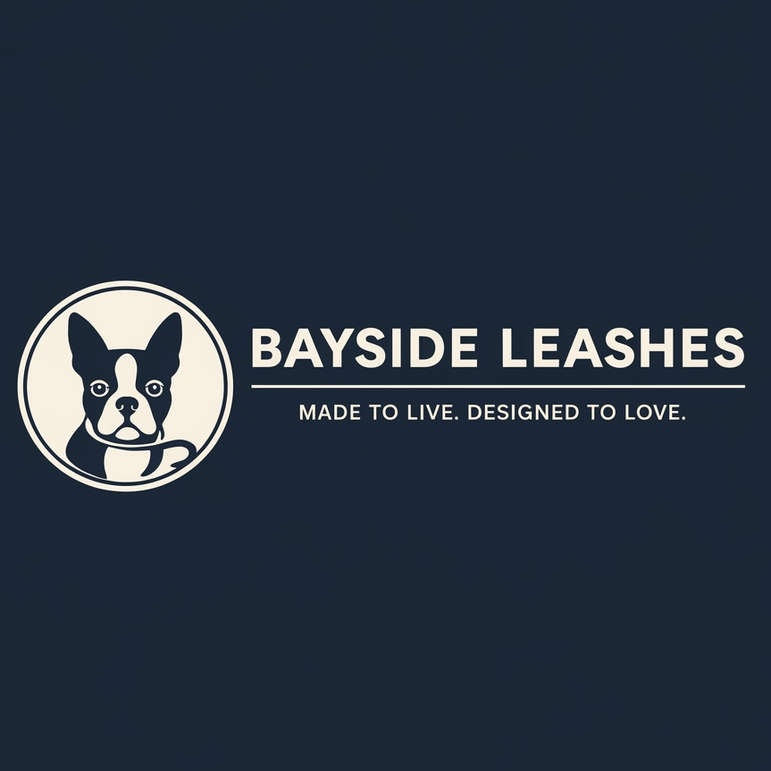 Bayside Leashes logo with a dog illustration on a dark background