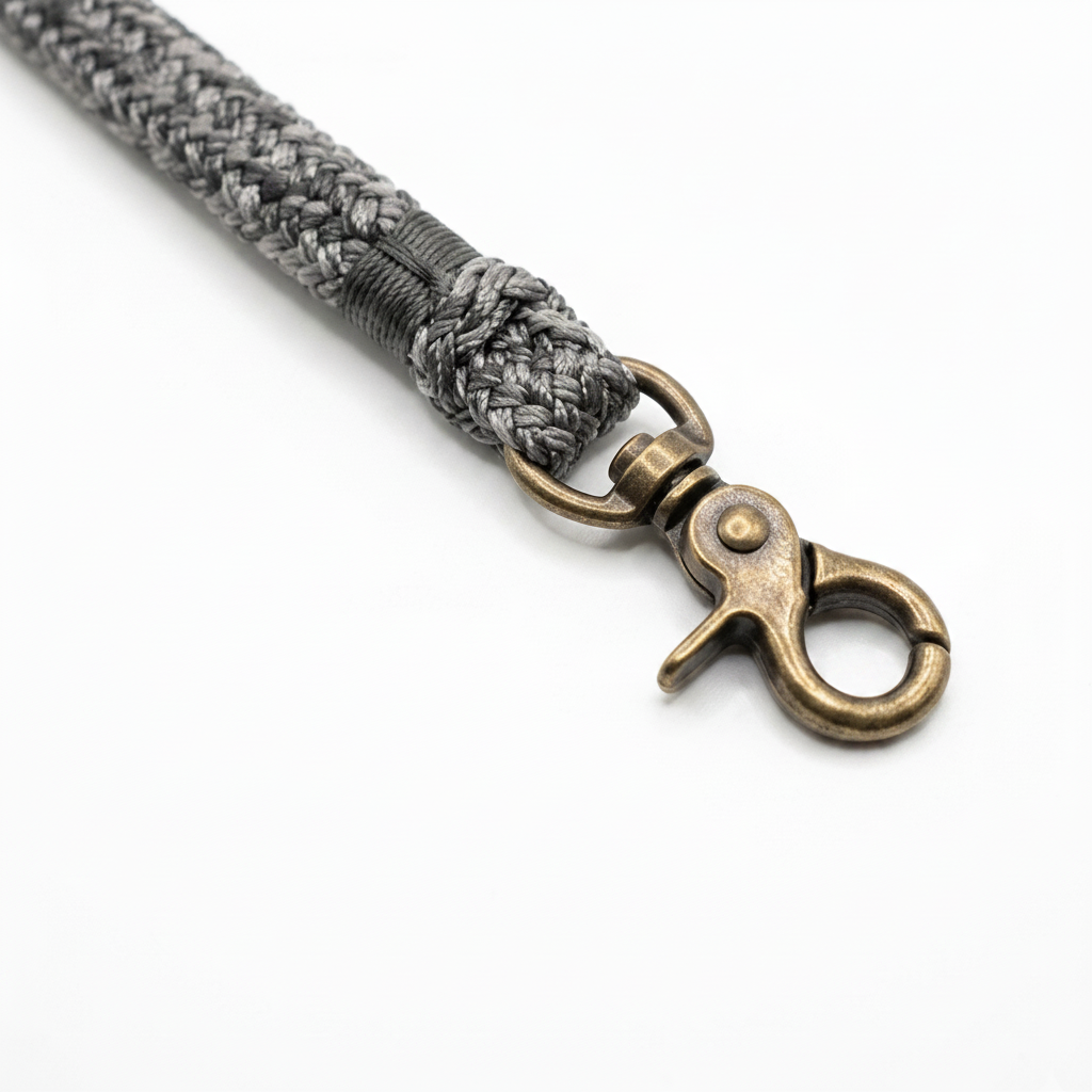 Gray braided leash with brass clasp on a white background